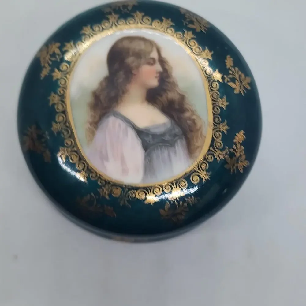 Vintage Portrait Lady Vanity Jar Blue Porcelain Trinket Dresser Box Gold Decor